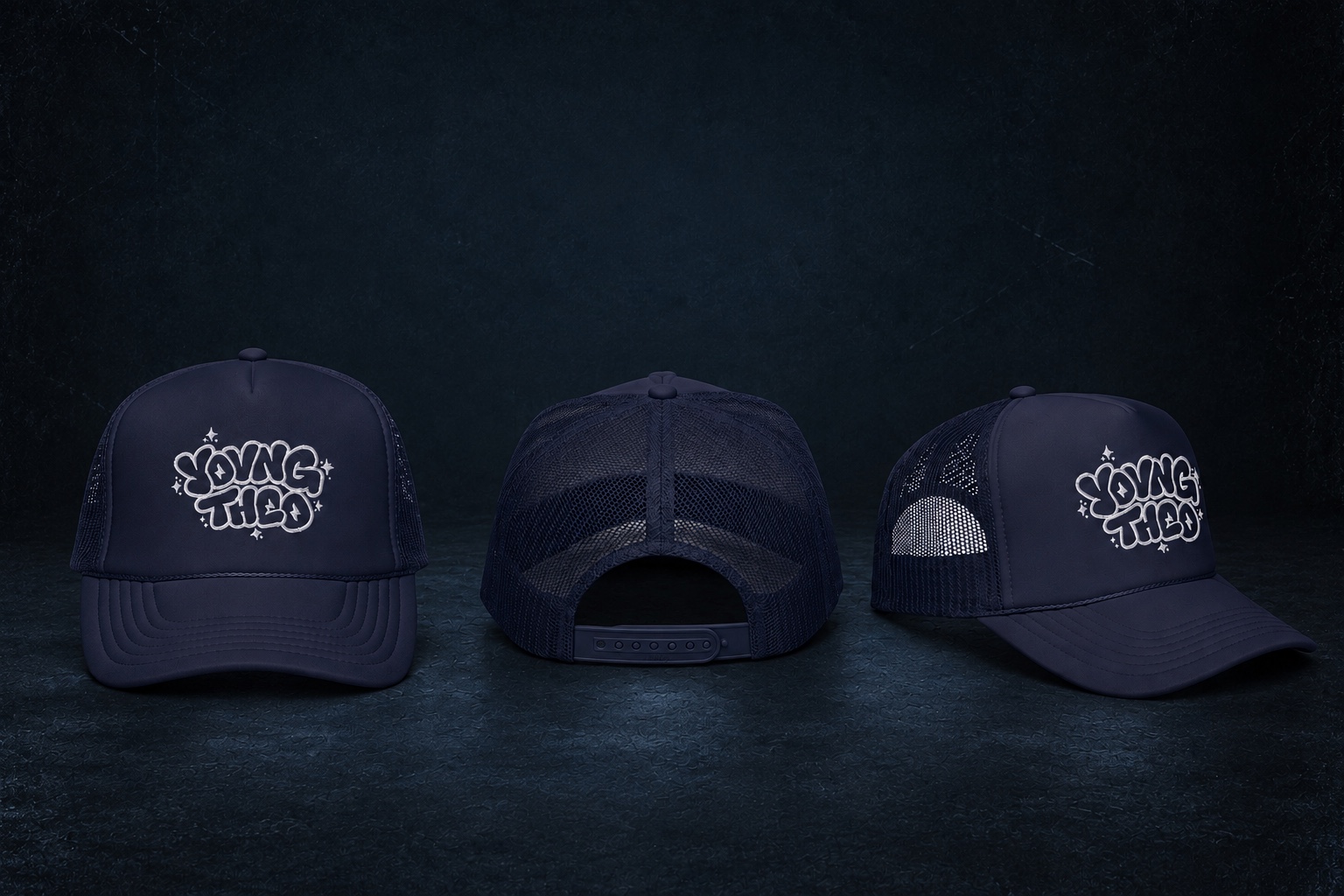 YOVNGTHEO Foam Trucker Hat — tres vistas